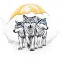3 Wolf cubs walking under moonlight with coloured eyes tattoo design idea