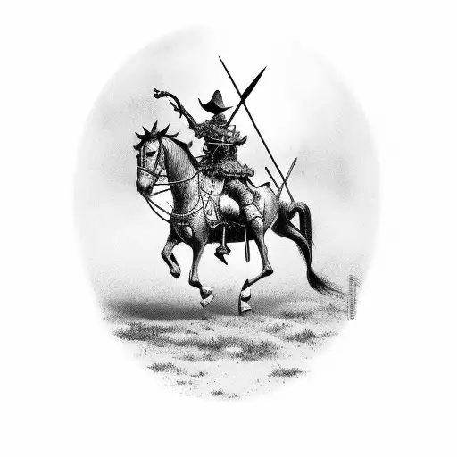 A silhouette of Don Quixote riding his horse, surrounded by windmills tattoo design idea