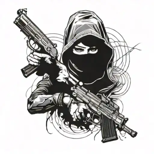 woman with balaclava and gun with BMW E39 headlights morphing tattoo design idea
