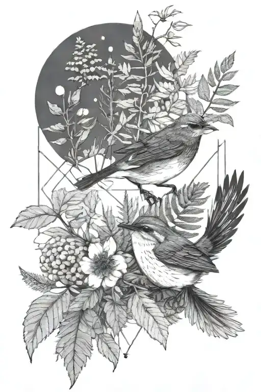 geometric minimalist tattoo with ferns, birds, plants. botanic winter wren wild columbine. Adirondack trees.  tattoo design idea