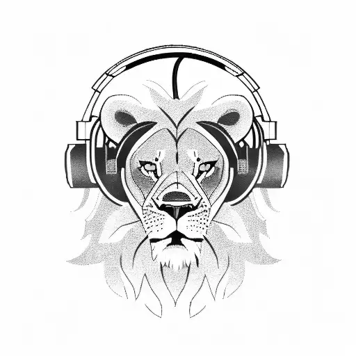 A fierce lion wearing a gaming headset and holding a controller tattoo design idea