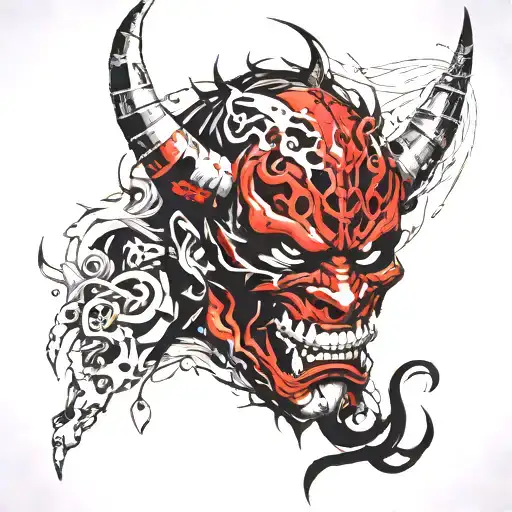 oni demon mask split in half tattoo design idea