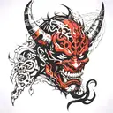oni demon mask split in half tattoo design idea