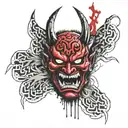 oni demon mask split in half tattoo design idea