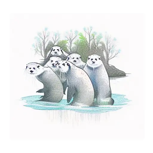 A group of otters paddling through a serene forest river tattoo design idea
