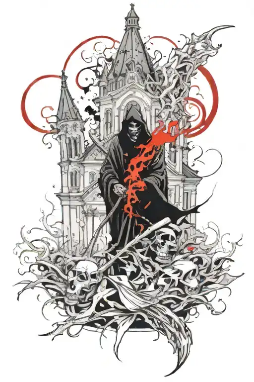 grim reaper with a church burning tattoo design idea