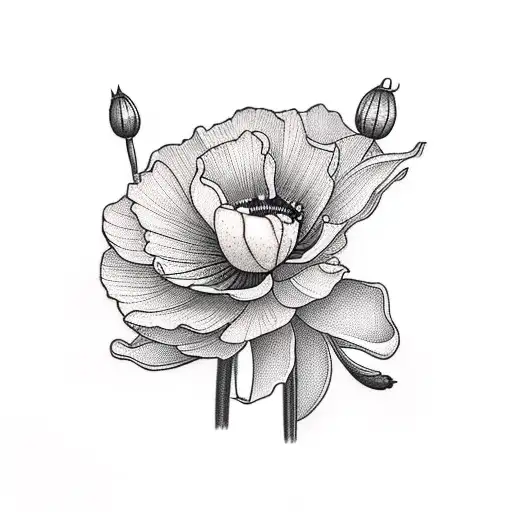 memorial tattoo with Narcissus, poppy, two roses, two violets, hawthorn, marigold, two water lilies tattoo design idea
