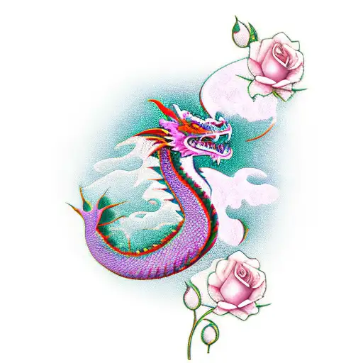 Dragon with three roses tattoo design idea