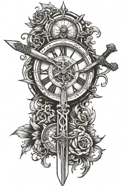 double edge sword turned into a clock face tattoo design idea
