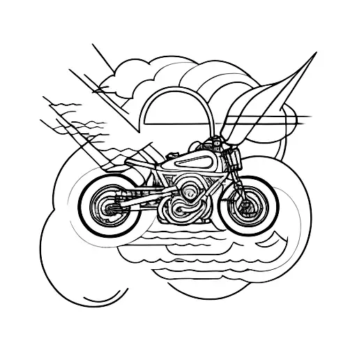 A minimalist tattoo of a car and bike merging into one, with clouds and a sunset in the background, symbolizing the client's love for both vehicles and the beauty of nature tattoo design idea