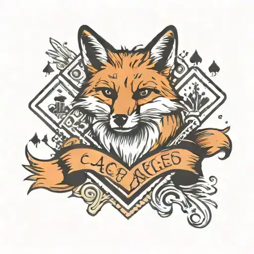 Small minimal fox and calligraphy brush strokes as accents and 4 large Aces up front on a square background tattoo design idea