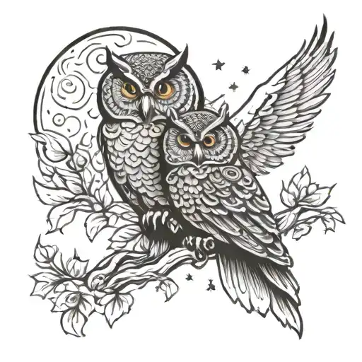 moon and owl with the dates 2-10-1945 and 4-25-21 tattoo design idea