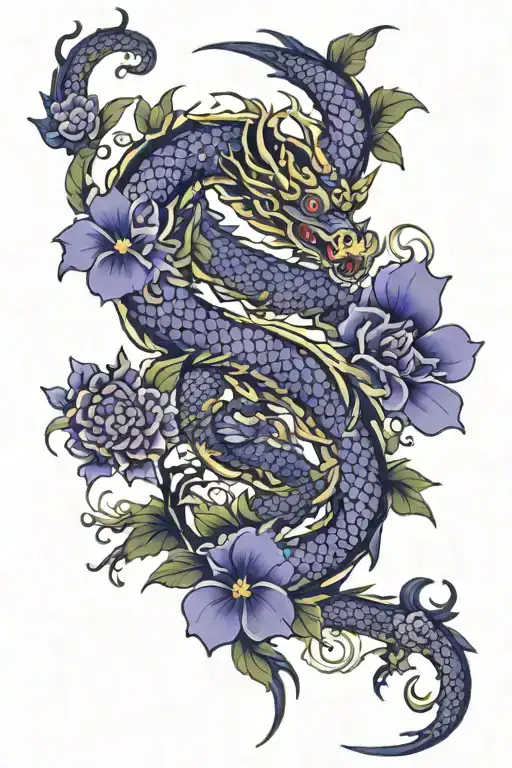 dragon purple flowers tattoo design idea