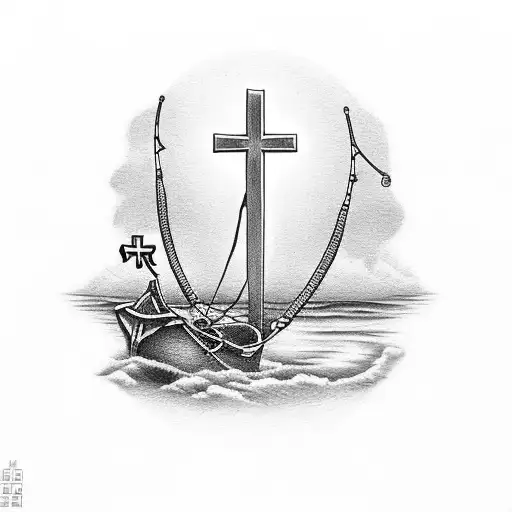 Christian Cross with a fishing boat tattoo design idea