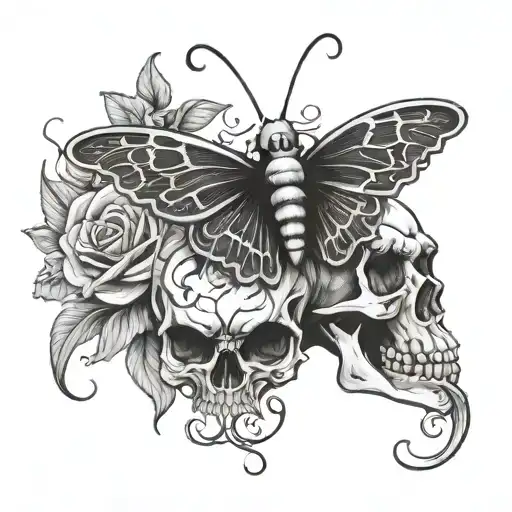skull butter fly with flowers intertwined tattoo design idea