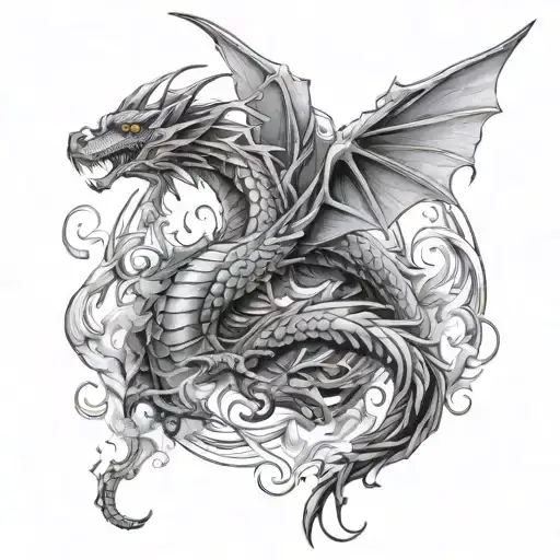 long dragon surround angel, fire rainy tattoo design idea