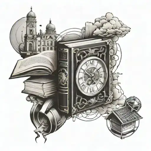 A tattoo design featuring a historical place intertwined with a book and a watch, symbolizing the client's appreciation for history and literature tattoo design idea
