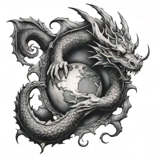 the god hold on hands earth, dragon come tattoo design idea