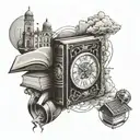 A tattoo design featuring a historical place intertwined with a book and a watch, symbolizing the client's appreciation for history and literature tattoo design idea