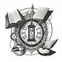 A tattoo design featuring a historical place intertwined with a book and a watch, symbolizing the client's appreciation for history and literature tattoo design idea