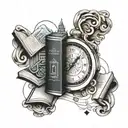 A tattoo design featuring a historical place intertwined with a book and a watch, symbolizing the client's appreciation for history and literature tattoo design idea