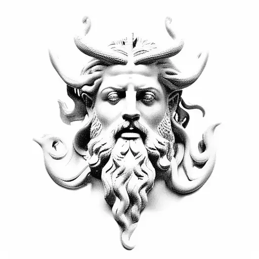 Zeus sculpture head with sky background, Poseidon sculpture head with ocean background , Hades sculpture head with under tattoo design idea