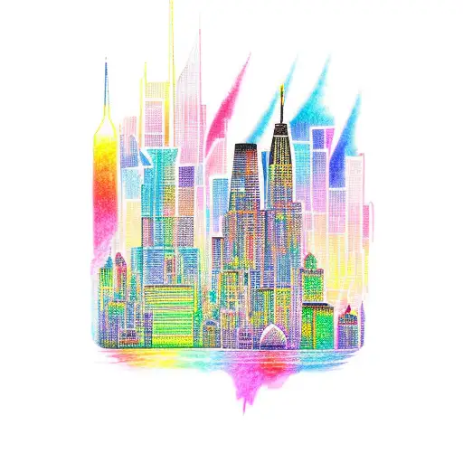 A tattoo inspired by Ice spice's music, depicting a vibrant rainbow-colored cityscape of NYC tattoo design idea