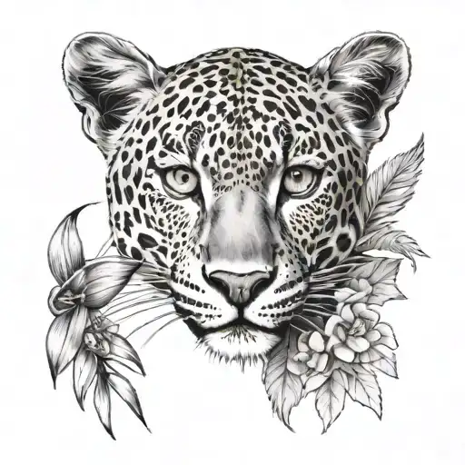 A botanical-themed leopard with bird of paradise flowers in the background tattoo design idea