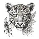 A botanical-themed leopard with bird of paradise flowers in the background tattoo design idea