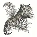 A botanical-themed leopard with bird of paradise flowers in the background tattoo design idea