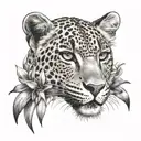 A botanical-themed leopard with bird of paradise flowers in the background tattoo design idea