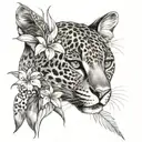 A botanical-themed leopard with bird of paradise flowers in the background tattoo design idea