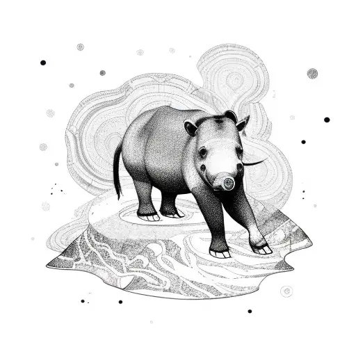A tapir standing on a geological formation surrounded by swirling waves tattoo design idea