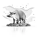 A tapir standing on a geological formation surrounded by swirling waves tattoo design idea