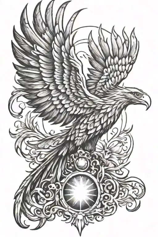 A phoenix rising from the ashes with a crown and a shining sun above, signifying leadership, abundance, and excellence  tattoo design idea