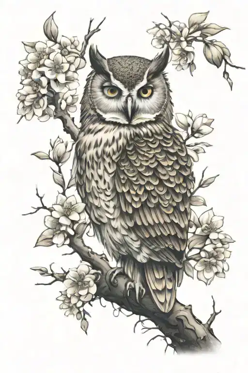  A wise owl perched on a branch with a crown of laurels, surrounded by blooming flowers and a radiant light.  tattoo design idea