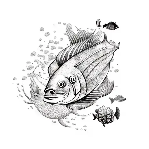 A sketch style tattoo of a whimsical underwater world filled with colorful sea creatures and plants, reflecting the client's love for fishing and nature tattoo design idea