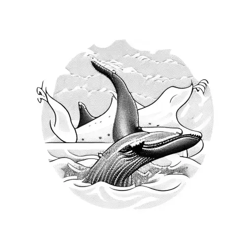 A detailed blackwork tattoo of a serene fishing scene with a majestic whale jumping out of the water, surrounded by lush nature elements tattoo design idea