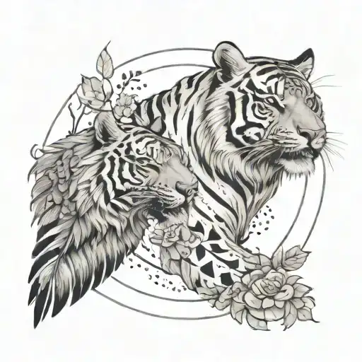 A minimalist tattoo design of a tiger, eagle, and rabbit all formed within one flowing circle tattoo design idea
