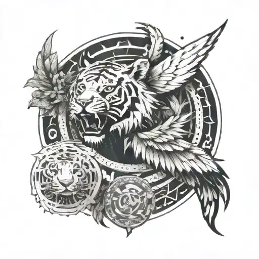 An abstract interpretation of a tiger, eagle, and rabbit combined into a circular design with dotwork detailing tattoo design idea
