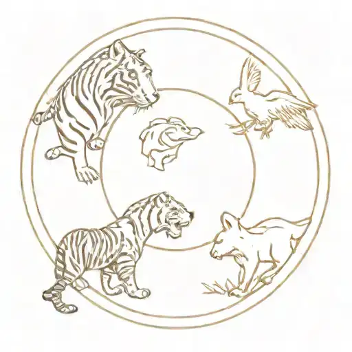 A minimalist tattoo design of a tiger, eagle, and rabbit all formed within one flowing circle tattoo design idea