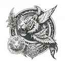 An abstract interpretation of a tiger, eagle, and rabbit combined into a circular design with dotwork detailing tattoo design idea