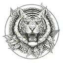 An abstract interpretation of a tiger, eagle, and rabbit combined into a circular design with dotwork detailing tattoo design idea