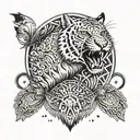An abstract interpretation of a tiger, eagle, and rabbit combined into a circular design with dotwork detailing tattoo design idea