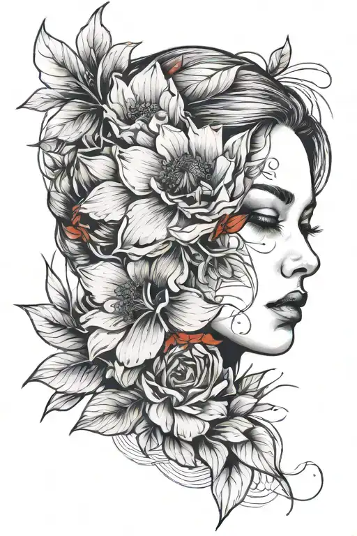 woman face covered with red flower tattoo tattoo design idea