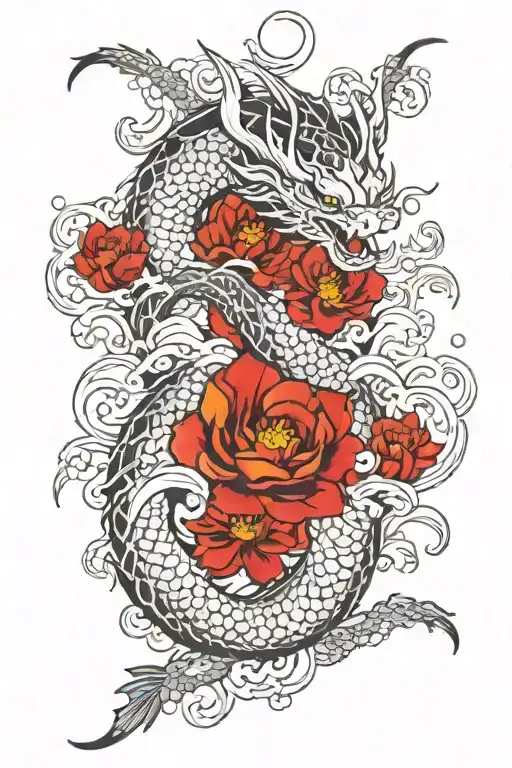 Dragon Arm Sleeve Tattoo, 80% Black and 20% Red, Japanese, Koi, Sakura tattoo design idea