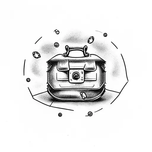 A dotwork tattoo of a mechanic's toolbox with voodoo dolls peeking out from inside tattoo design idea