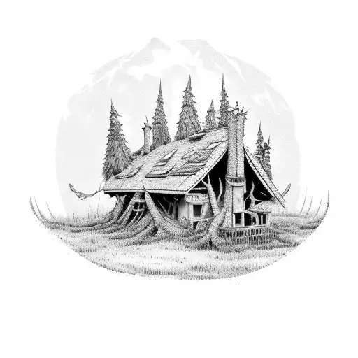 Baba Yaga in the middle of an old forest, in the distance you can see an abandoned house tattoo design idea