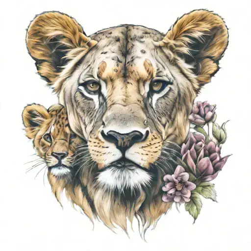 lioness 3 cubs pride Leo flowers color tattoo tattoo design idea
