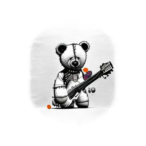 A punk rock teddy bear rocking out with a guitar tattoo design idea